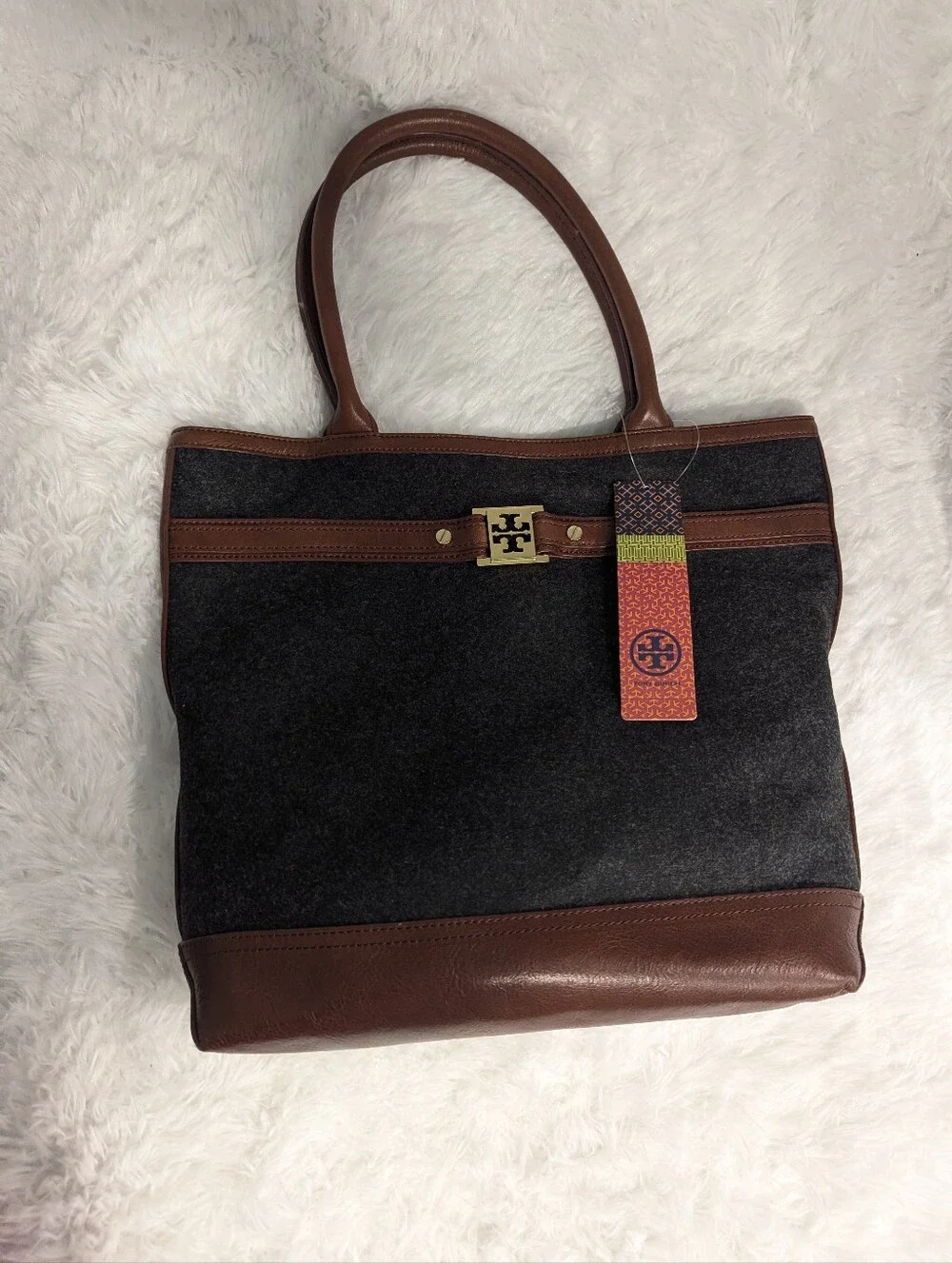 Authentic Tory Burch Anniversary Flannel Tote - Charcoal Wool & Leather
